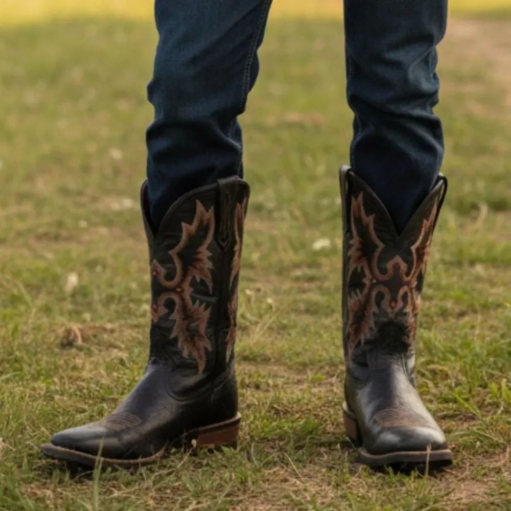 Ariat Black Distressed Leather Western Cowboy Boots, Square Toe, Flame Stitching